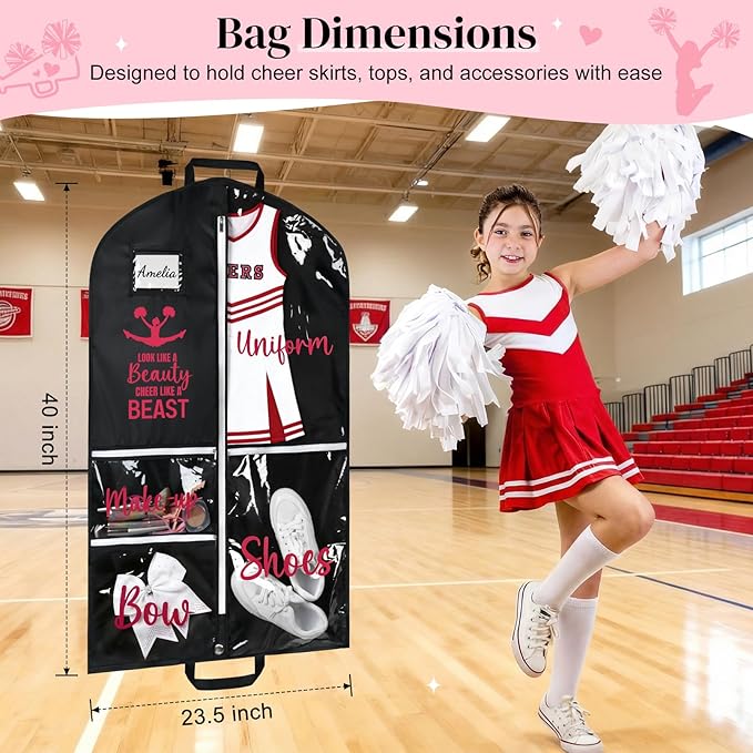DEEKA Cheer Garment Bag for Hanging Clothes with Zipper Pockets Cheer Accessories Mom Essentials Uniform Costume 40 Inch Black Bags Stuff for Cheerleading Girls (Black,Red-Cheer Quote)