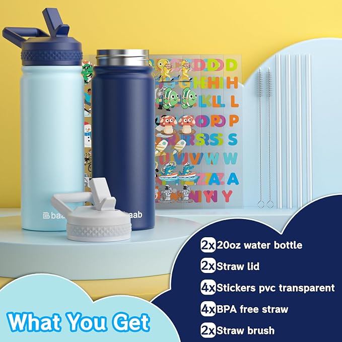 baab 20oz kids Water Bottle, Insulated Water Bottle with Straw & Stickers, 18/8 Stainless Steel Vacuum Leakproof kids Water Straw Cup for School, Perfect for Boy Girl (Navy Blue+Light Blue, 2 Pack)