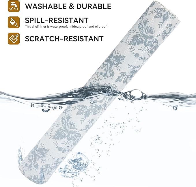 RAY STAR Shelf Liner, Non Adhesive Silver Floral Kitchen Cabinet Liner for Pantry Drawer Vanity, Non-Slip, Shelf Liners for Kitchen Cabinets Cupboard 18 Inch x 8 FT (10 Rolls) Signature Delivery