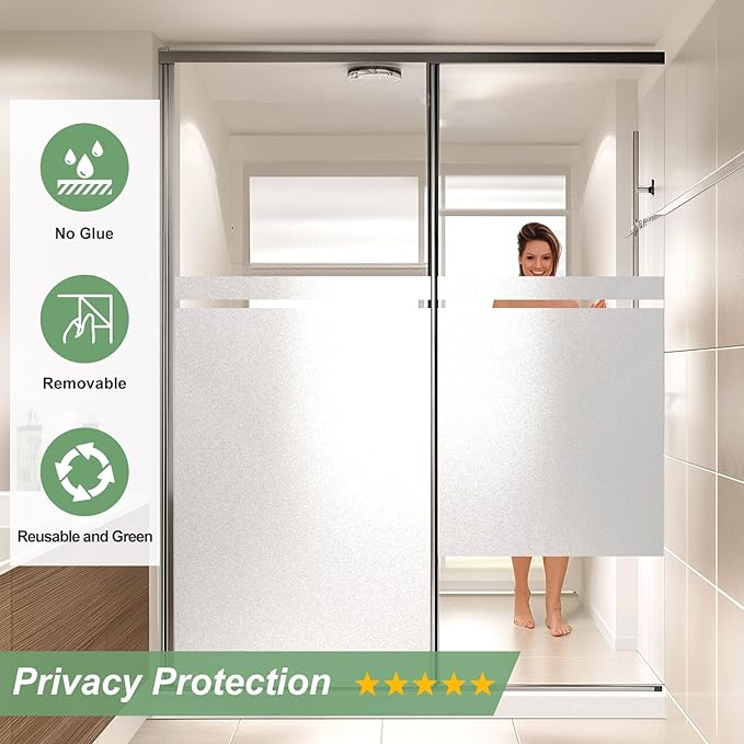 Window Privacy Film Frosted Glass Window Film Decorative, Removable Static Cling Heat Blocking Sun Blocker Front Door Window Covering for Bathroom Home Office (Pure, 17.5" x 78.7")