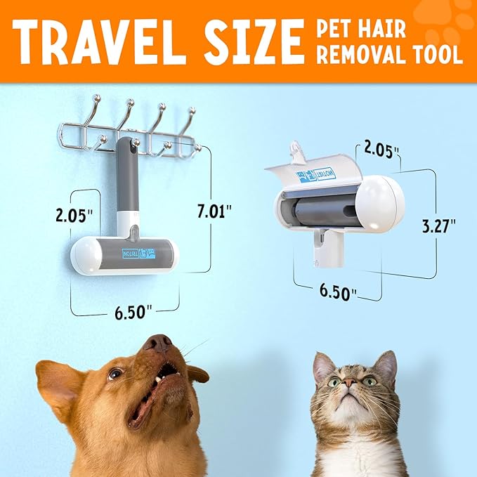 Triton Travel Pet Hair Removal Tool w/Fur Trapping Compartment and Detachable Handle, 60% Smaller Storage Size, Reusable Shedding Roller, Cat and Dog Hair Remover for Furniture, Couch (Gray/White)
