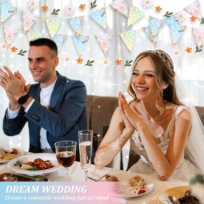 Dayker 3PCS Triangle Bunting Banner Garland, Spring Floral Flags Pennant Garlands, Reusable Paper Hanging Decorations, Carnival Theme Birthday Party Outdoor Events Decor Supplies