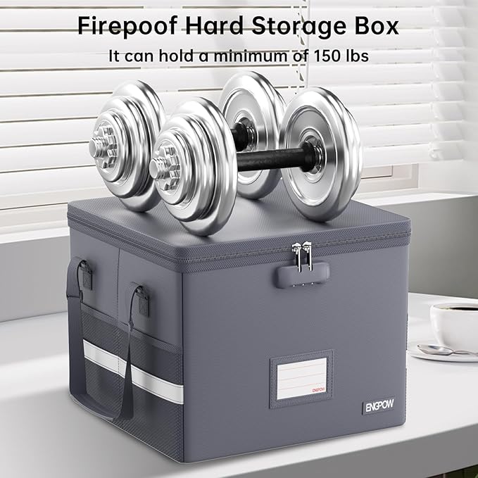 ENGPOW 5200°F File Box Fireproof Document Box with Lock, Heat Insulated Collapsible File Storage Organizer Box with Handle, Portable Home Office File Cabinet for Hanging Letter/Legal Size Folder, Gray
