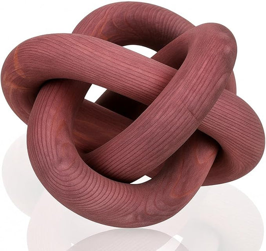 3 Link Wood Knot Decor - Hand Carved Coffee Table Decoration, Boho Chain Link Decor, Modern Shelf, Rustic Objects for Home Living Room Bedroom (Reddish-Brown)