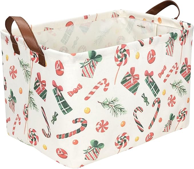 Rectangle Christmas Basket, Candy Storage Basket with Handles, Kids Gift Storage Box, Cute Canvas Organizer Bin for Pet, Books Basket, Toys Bin, Gift Baskets (Gift Basket)