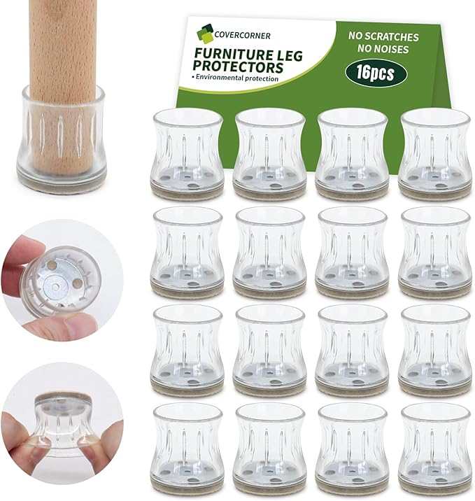 COVERCORNER 16PCS Chair Leg Floor Protectors, Chair Leg Protectors for Hardwood Floors, Furniture Pads for Hardwood Floors, Chair Socks Universal L Clear Fit 0.75"-0.94"