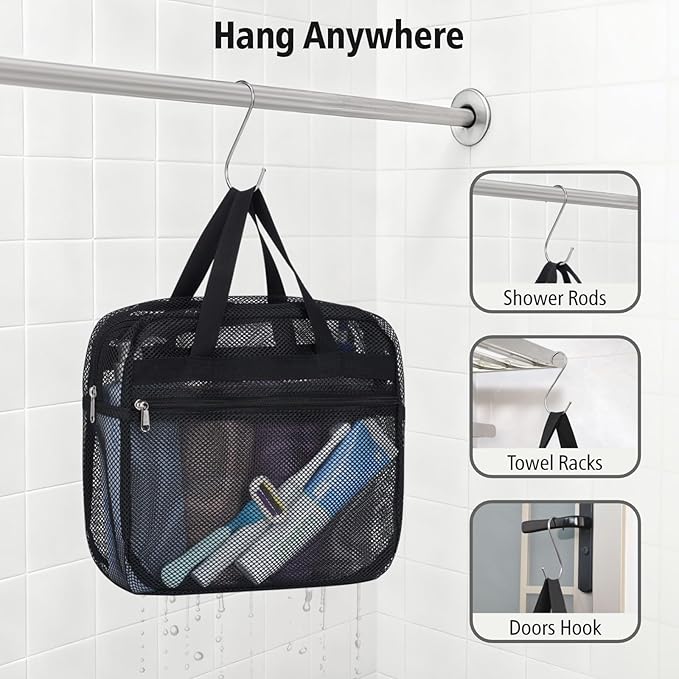 F-color Mesh Shower Caddy Portable with Zipper - Dorm Room Essentials for Guys and Girls with S Hook, Shower Bag Basket Tote for College, Camping, Toiletry, Bathroom, Black