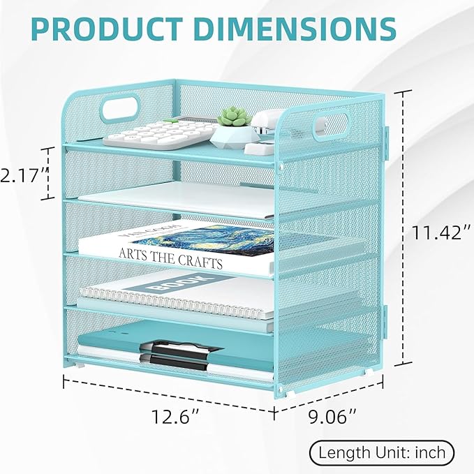 2 Pack 5-Tier Blue Desk Organizer with Handle Mesh Desk File/Paper Organizer Letter Tray for Office, School and Home Easy Installation