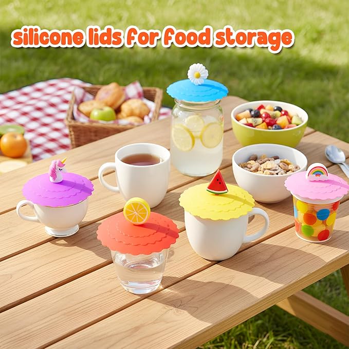8PCS Silicone Cup Lids Mug Cover, Colorful Food Grade Anti-dust Airtight Seal Lids with Fun Handle Design, Reusable Cute Silicone Cup Covers for Tea Cups Coffee Cups (Style 1)