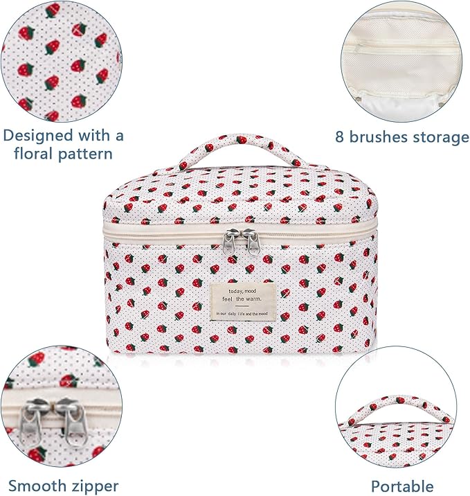 Large Makeup Bag, Cute Cosmetic Bag for Women Girls, Floral Coquette Aesthetic Toiletry Bag, Travel Make Up Organizer Bag (Strawberry)