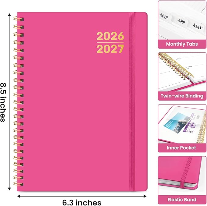 Planner 2026-2027 for Women & Men, Academic Monthly and Weekly Calendar Planner, Jul 2026 - Jun 2027, A5 (6.3" x 8.5"), Teacher Student Planning Book with Tabs, Ideal for Office School Supplies - Berry Pink