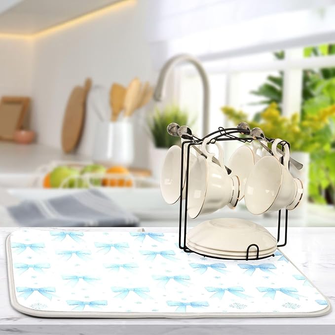 Blue Bow Ribbon Dish Drying Mat for Kitchen Countertop 18x24 Bowknot White Coquette Pattern Large Drying Mat Reusable Quick Dry Dish Sink Mats Easy Clean Decorative Essentials