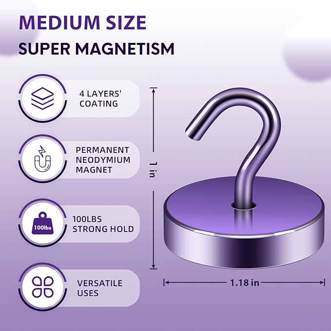Neosmuk Magnetic Hooks, Cruise Ship Essentials, 100lb+ Heavy Duty Magnetic Hooks for Cruise Cabins, Refrigerator, Grill, Hanging, and Travel | Extra Strong Must-Have Magnet Hook, Purple