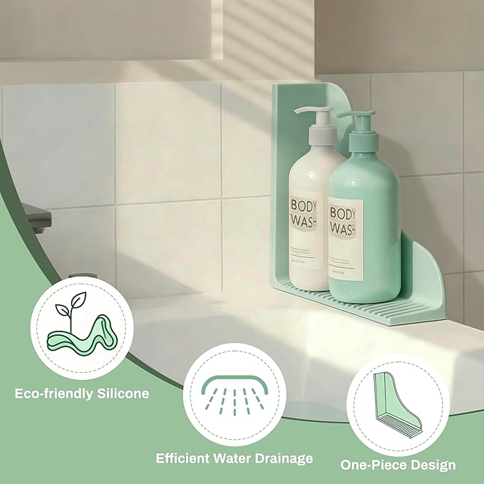 Roslim No-Adhesive 2-Pack All-Silicone Shower Splash Guard with Strong Suction Cups, Reusable Bathtub Corner Water Blocker for Secure Seal, Keeps Water in Shower or Bath, One-Piece Design, Mint Green