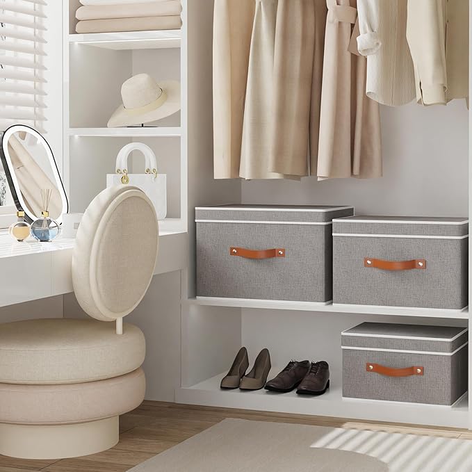 YheenLf Fabric Storage Basket with Lids, Linen Foldable Storage Bins, Closet Organizer Boxes with Double Handles, Grey, 3 Pack, 13 x 9.1 x 7.9 Inch