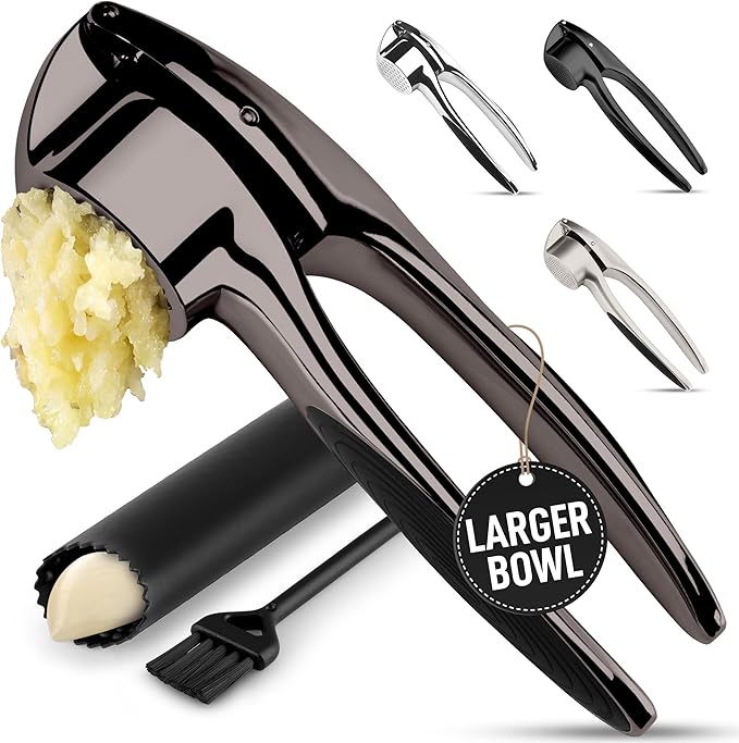 Zulay Kitchen Large Premium Garlic Press Set – Rust Proof & Dishwasher Safe, Bigger Bowl Garlic Mincer Tool with Silicone Garlic Peeler & Brush, Easy Squeeze & Clean, Ergonomic Handle - Dark Gray