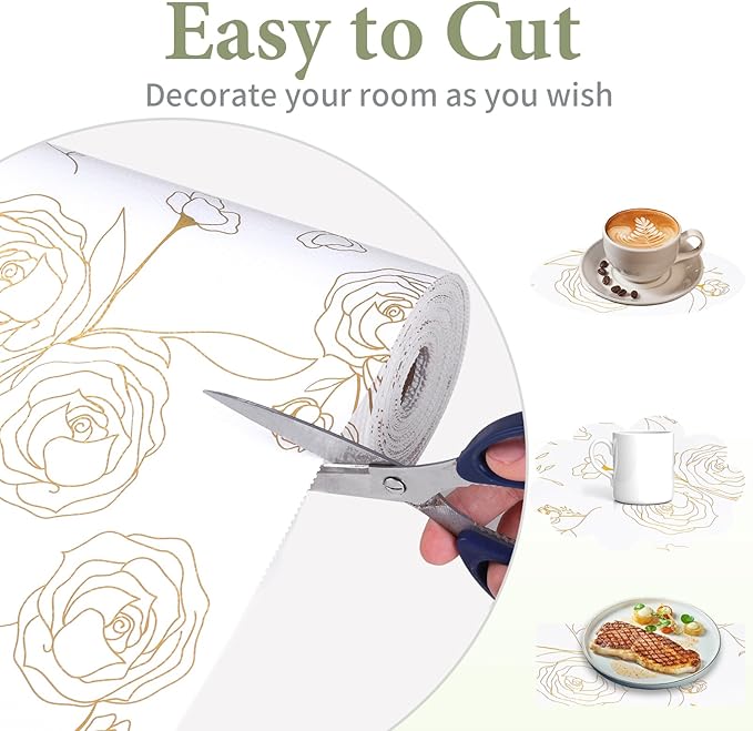 Shelf Liners for Kitchen Cabinets 23.6in x 39.37FT Non Adhesive Drawer Liner Gold Floral Thickened Shelf Liner Paper Strong Non-Slip Easy to Clean for Tool Box Refrigerator with Knife and Tape Measure