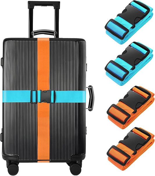 BILIONE 4 Pack Luggage Straps 79" Long Belts Keep Suitcase Secure While Traveling, TSA Approved Add a Bag Premium Accessory for Travel Bag Closure (2PCS Blue + 2PCS Orange)