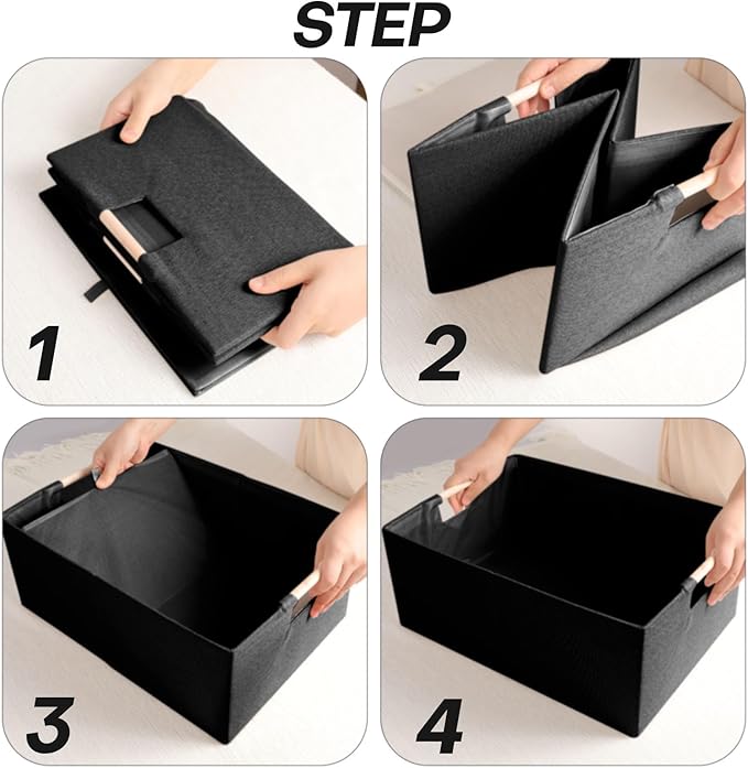 Fabric Storage Bin Box Foldable Cotton Linen Storage Basket with Wooden Handles Rectangular Cube Decorative Home Laundry Organizer Clothes Blanket Container – Black, Large