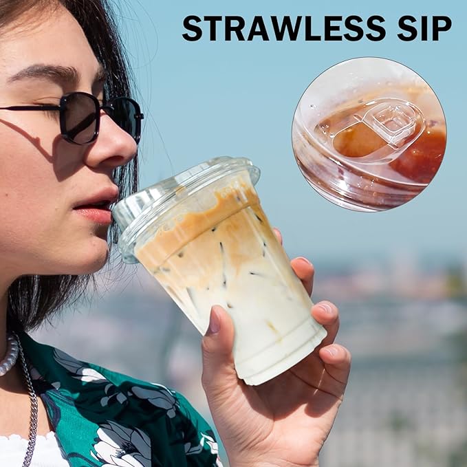 BYSNOW 16 oz 500 Pack Clear Plastic Cups with Lids, Disposable Iced Coffee Drink Cups with Strawless Sip Lids for Parties, Outdoors, Office and Events