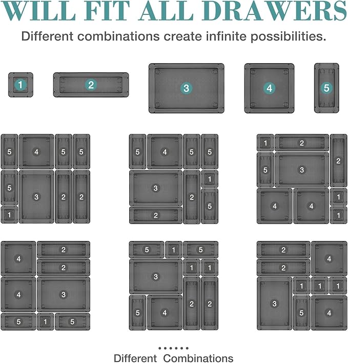 13 PCS Drawer Organizer Set, 5 Varied Size Bathroom and kitchen Drawer cabinet organizer Trays, Clear Storage Bins for Makeup, Jewelry, Utensils and Gadgets, Black