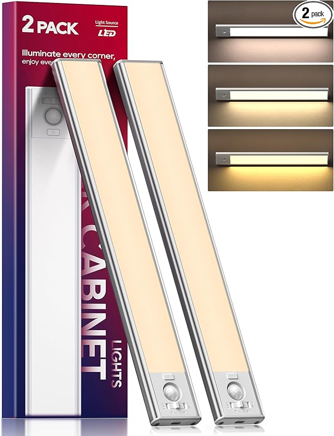 2 Pack Under Cabinet Lighting, 3 Color Temperatures Motion Sensor Light Indoor, LED Rechargeable Cabinet Lights, Stick-On Magnetic Closet Light, Wireless Under Counter Lights for Kitchen, Stair