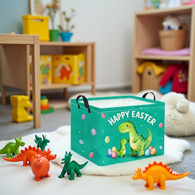 Rectangular Easter Basket Baby Storage Basket with Handles for Home Kitchen Boys and Girls Cute Storage Bin Organizer Shelf Book Room Decor(Green Dinosaur)