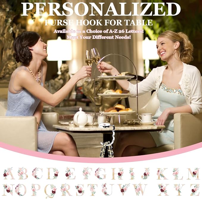 XSUIOY 3Pcs Personalized Initial Foldable Purse Hook for Table,Crushed Flower Letters Folding Purse Hanger,Purse Holder Handbag Hanger Collection Desk Table Bag Hooks Gifts for Women Bag(Pink-O)