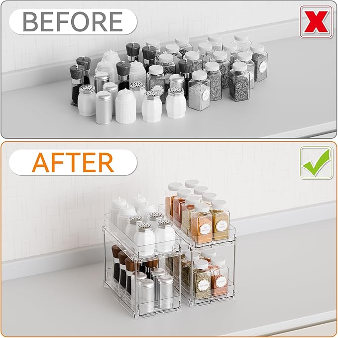 Yieach 4 Set Clear Pull Out Bathroom Organizers and Storage,2 Tier Under Sink Organizer and Medicine Cabinet Organizer,Small Slide Out Drawers for Pantry,Under Cabinet,Kitchen Storage and Organization