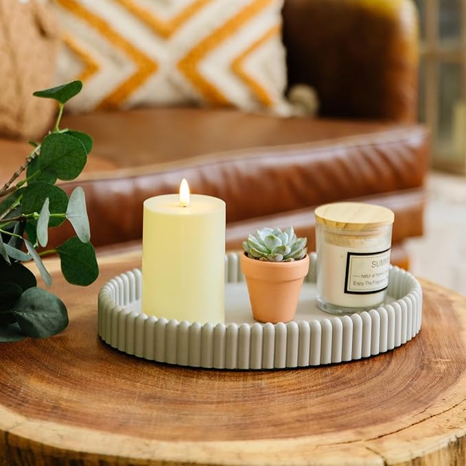 11.8in Decorative Tray for Coffee Table Decor- Gray Oval Concrete Tray for Home Decor- Scalloped Flat Modern Centerpieces Tray Decor for Living Room, Kitchen Dining Table, Entryway (Gray)