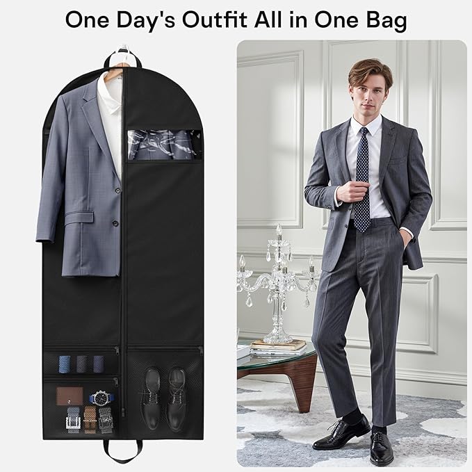 1 Pack Heavy Duty Garment Bags for Travel Suit Bags, Dress Bags, Garment Bags for Hanging Clothes with Pockets Men's Suit Holder for Shirts, Coats, Dresses (Black, 1Pack60")