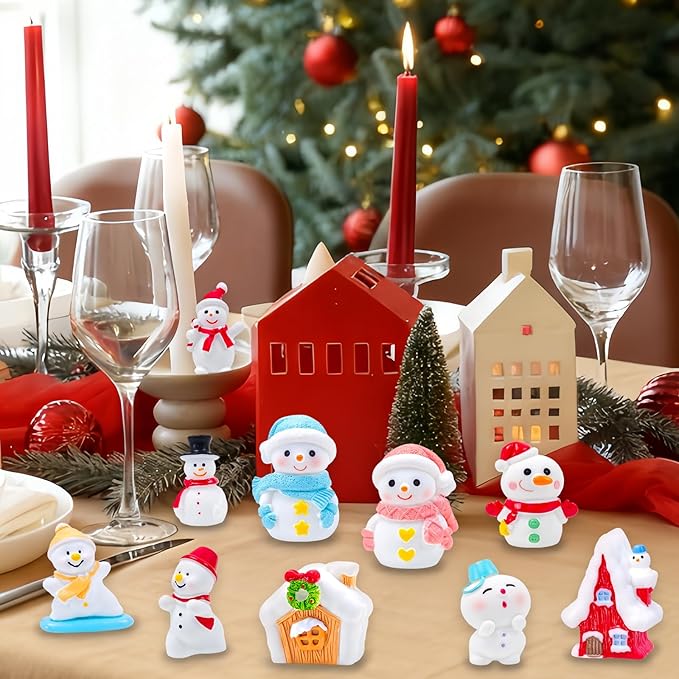 20 Pcs Mini Christmas Snowman Figurines with Winter House Snowflakes Tiny Little Xmas Resin Snowmen Miniature Figures for Holiday Crafts Garden Micro Landscape Home Table Decor