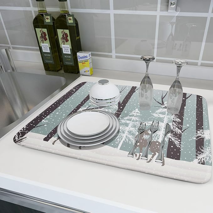 Winter Wildlife Deer Dish Drying Mat for Kitchen Counter,Xmas Landscape Snow Tree Ivory Drying Mat 18 x 24 Inch with High Absorbent Microfiber Drainer Mat for Coffee Bar