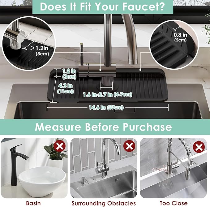 14.6 Inch Silicone Faucet Mat for Kitchen Sink Splash Guard - 7° Slope Water Draining Mat With Fasten Button for Bathroom Area (Black, 14.6''x5.5'')
