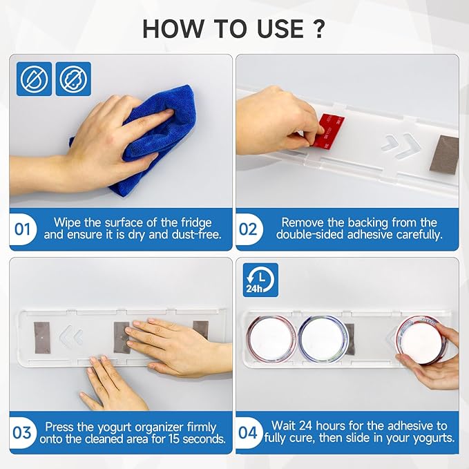 SOPHICO Organizer for Fridge, 4 Capacity Sliders for Refrigerator, Yogurt Holder With Adhesive Tapes for 3.75 Inch Greek and Vegan Yogurt (Transparent, 1 Pack)