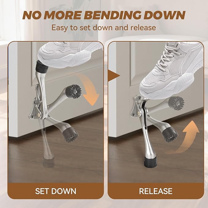 Kickdown Door Stopper 5Inches - 2 Packs One Touch Adjustable Height Door Stop for The Bottom of Door The Bottom of Door Aluminum Alloy Metal Door Stopper with Rubber Tip Silver