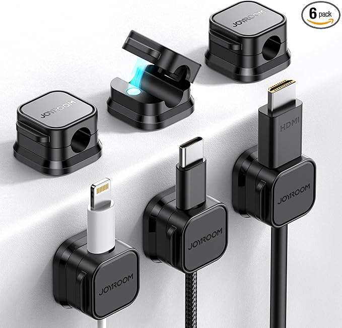 6 Pack Magnetic Cable Clips [Cable Smooth Adjustable] Cord Holder, Under Desk Cable Management, JOYROOM Adhesive Wire Holder Keeper Organizer for Home Office Desk Phone Car Wall Desktop Nightstand