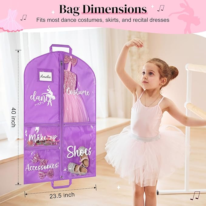 DEEKA Dance Garment Bag for Hanging Clothes with Zipper Pockets Dance Accessories Essentials Uniform Costume 40 Inch Dress Bags for Dance Competition Girls (Purple,White-Dance)