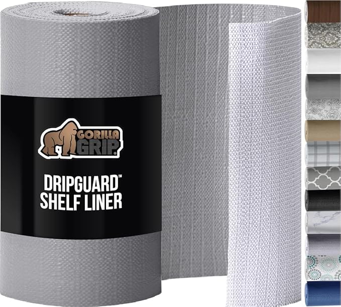 GORILLA GRIP DripGuard Shelf Liner, Non-Adhesive Drawer and Kitchen Cabinet Protector, Strong Grip Slip Resistant Underside, Smooth Surface Liners for Cabinets, Bathrooms, Closets, 12x120 Inch, Gray