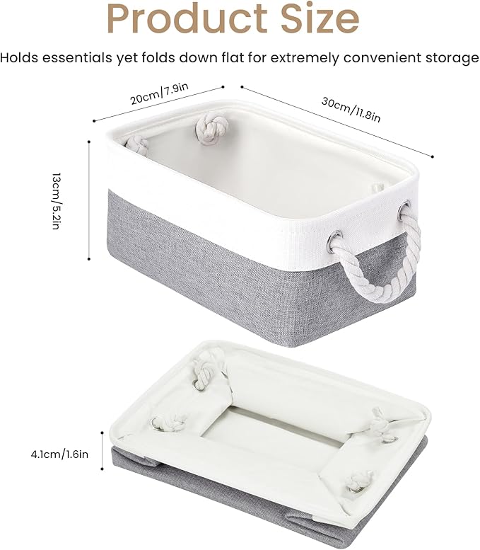 VQRTEXA Storage Baskets for Shelves 11.8x7.9x5.2 Inch, Foldable Fabric Storage Bins with Handles, Small Storage Baskets for Organizing Closet, Bathroom, Office, Home Organization (1-Pack, White&Gray)
