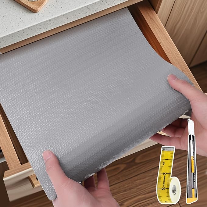 Shelf Liners for Kitchen Cabinets Non Adhesive Drawer Liner 12in x 30FT Pure Grey Thickened Shelf Liner Strong Non-Slip Easy to Clean for Tool Box Refrigerator with Knife and Tape Measure