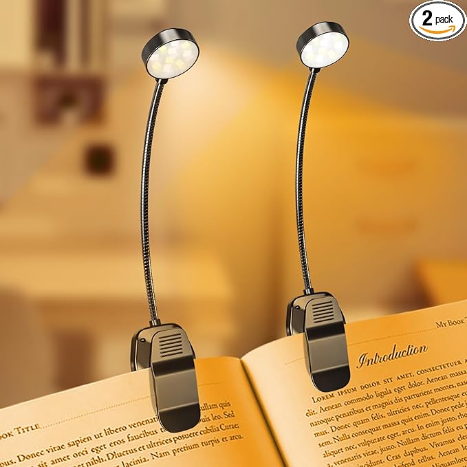 2 Pack 10 LED Rechargeable Book Light for Reading in Bed - Eye Caring 3 Color Temperatures, 3 Adjustable Brightness, Long Runtime Small Lightweight Clip On Book Reading Light for Studying