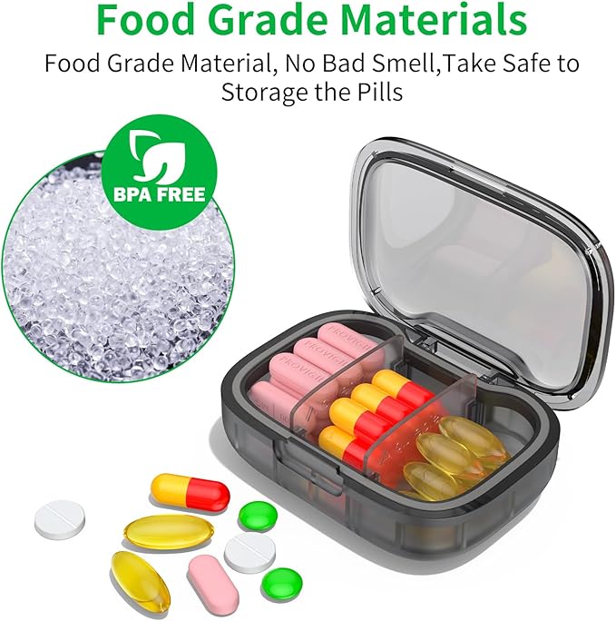 2 Pack 3 Compartment Small Pill Box, Moisture Proof Pill Case, Travel Pill Organizer for Pocket Purse, Daily Portable Medicine Vitamin Box, Fish Oil Box, Supplement Box (Black+Orange)