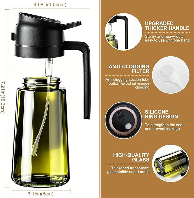 Poshetion 2 in 1 Olive Oil Sprayer for Cooking, 16oz Light-Proof Oil Dispenser for Kitchen, Leak-Proof Oil Spray Bottle for Air Fryer, Salad, BBQ, Baking, Grilling - Black