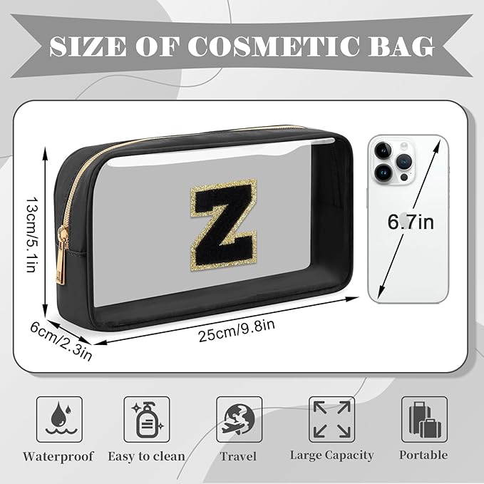 Personalized Initial Letter Clear Makeup Bag, Preppy Small Nylon & PVC Cosmetic Zipper Bag with Chenille Letter, Travel Skincare Toiletry Bag, Monogram Christmas Gift for Teen Girls Women