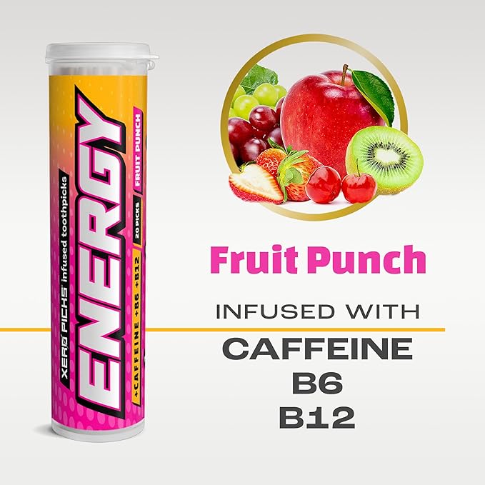 Xero Picks Energy Caffeine Flavored Toothpicks B12 for Focus & B6, 60 Picks (Pack of 3) (Fruit Punch) Sugar-Free Alternative to Energy Mints & Gum - Kosher