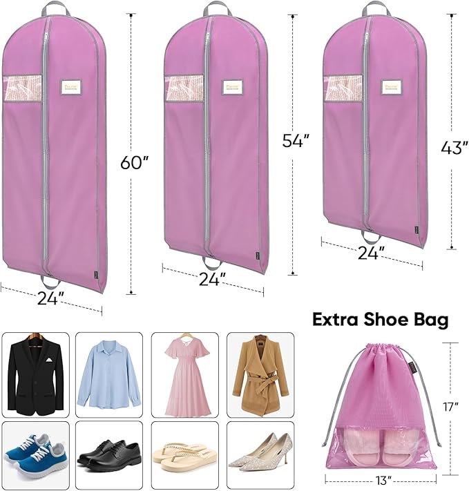 BALEINE 5PK Heavy Duty Garment Bag with Shoe Storage Travel Bag for Dresses, Suit, Coats Travel Essential (60", Pink)