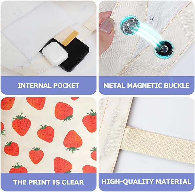 1-PACK Cute Strawberry Print Canvas Tote Bag, Reusable Grocery Bag with Magnetic Snap Closure & Inner Zipper Pocket, Aesthetic Gift for Women