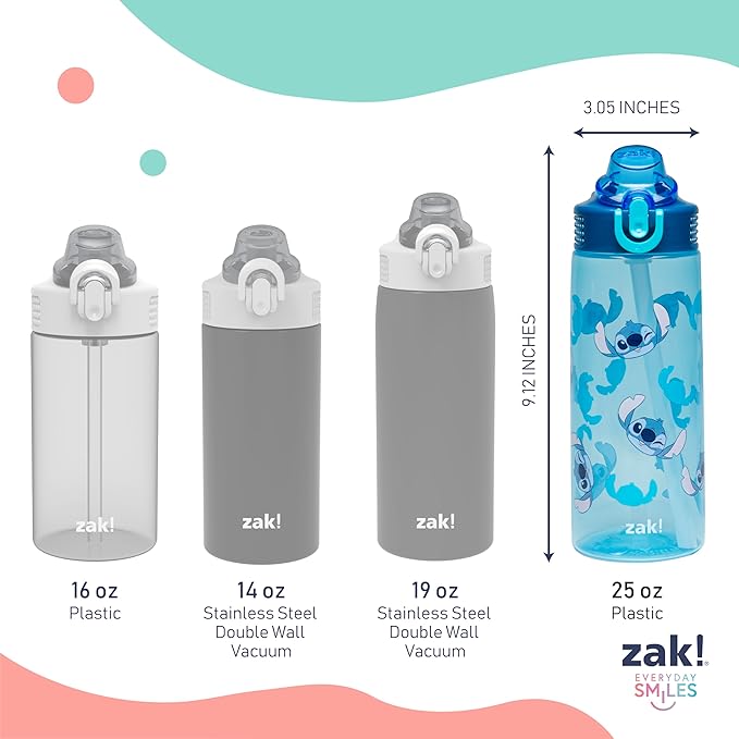 Zak Designs Disney Sage Water Bottle For School or Travel, 25oz Durable Plastic Water Bottle With Straw, Handle, and Leak-Proof, Pop-Up Spout Cover (Stitch)