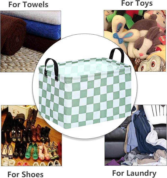 Sage Checkered Storage Basket Baby Toys Organizer Bins Decorative Gifts Bakset Waterproof Nursery Hamper Women Storage Cube Kids Laundry Basket for Home/Dorm/Kitchen/Pet/Office/Closet/Shelf/